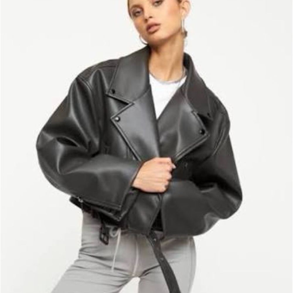 Lioness Black Oversized Faux Leather Biker Jacket